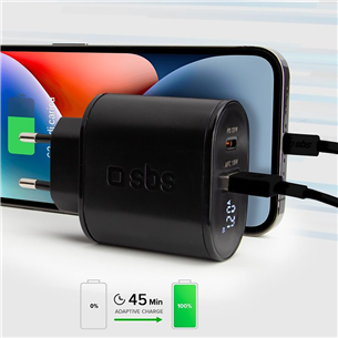 SBS, USB-A, USB-C, LCD, 20 W, melna - Lādētājs