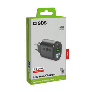 SBS, USB-A, USB-C, LCD, 20 W, black - Wall charger
