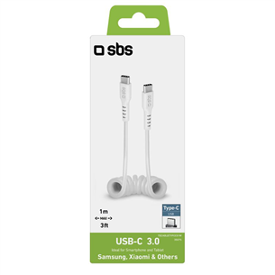 SBS Charging Data Cable, USB-C - USB-C, spirālveida, balta - Vads