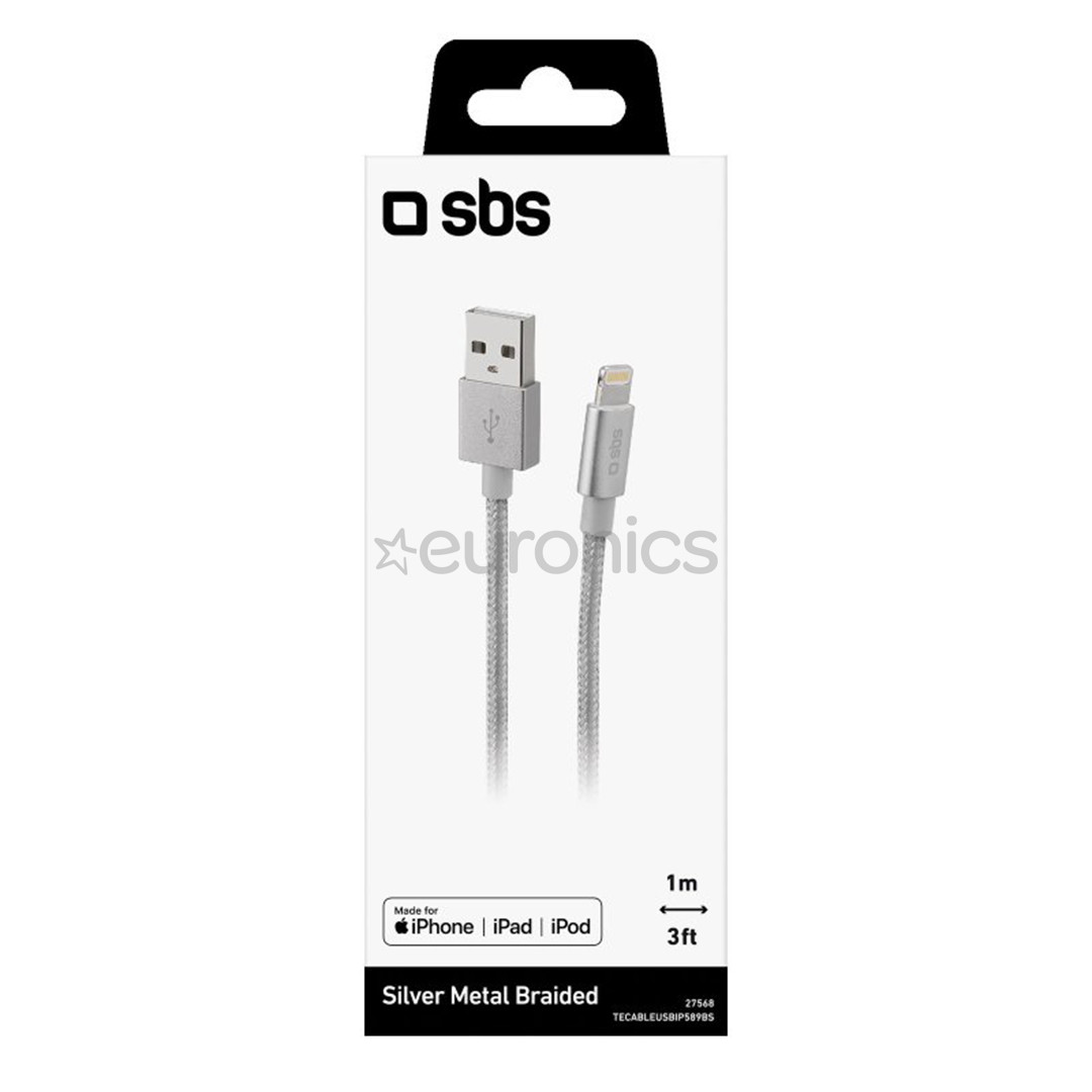SBS Silver Metal Braided, USB-A - Lightning, sudraba - Vads