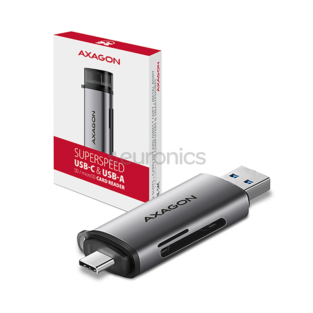 AXAGON CRE-SAC SuperSpeed USB-C / USB-A Card Reader, tumši pelēka - Karšu lasītājs