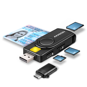 AXAGON CRE-SMP2A, USB-A, USB-C, atmiņas karšu lasītājs, melna - ID karšu lasītājs