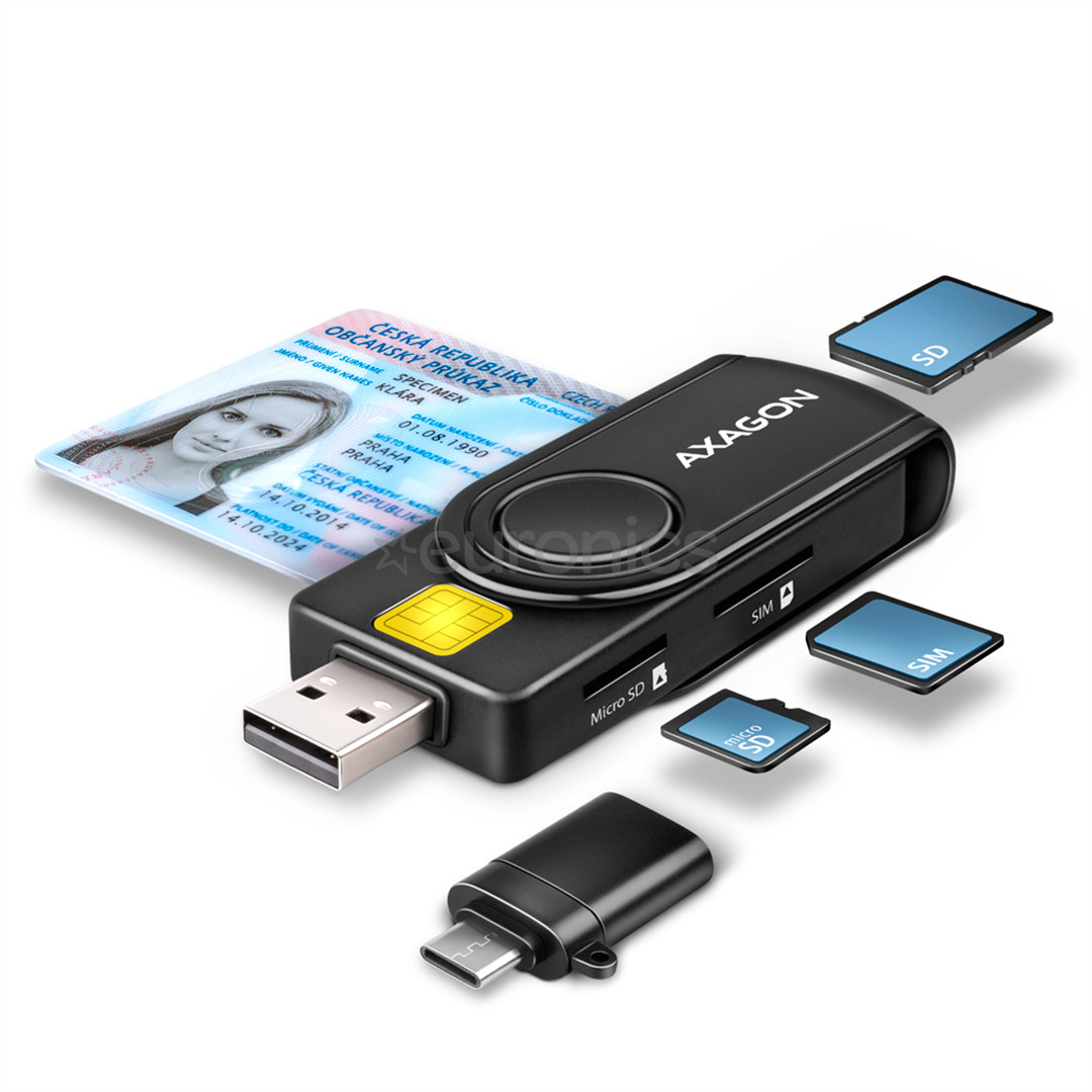 AXAGON CRE-SMP2A, USB-A, USB-C, считыватель карт памяти, черный - Считыватель ID-карты CRE-SMP2A