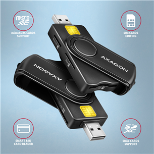 AXAGON CRE-SMP2A, USB-A, USB-C, atmiņas karšu lasītājs, melna - ID karšu lasītājs