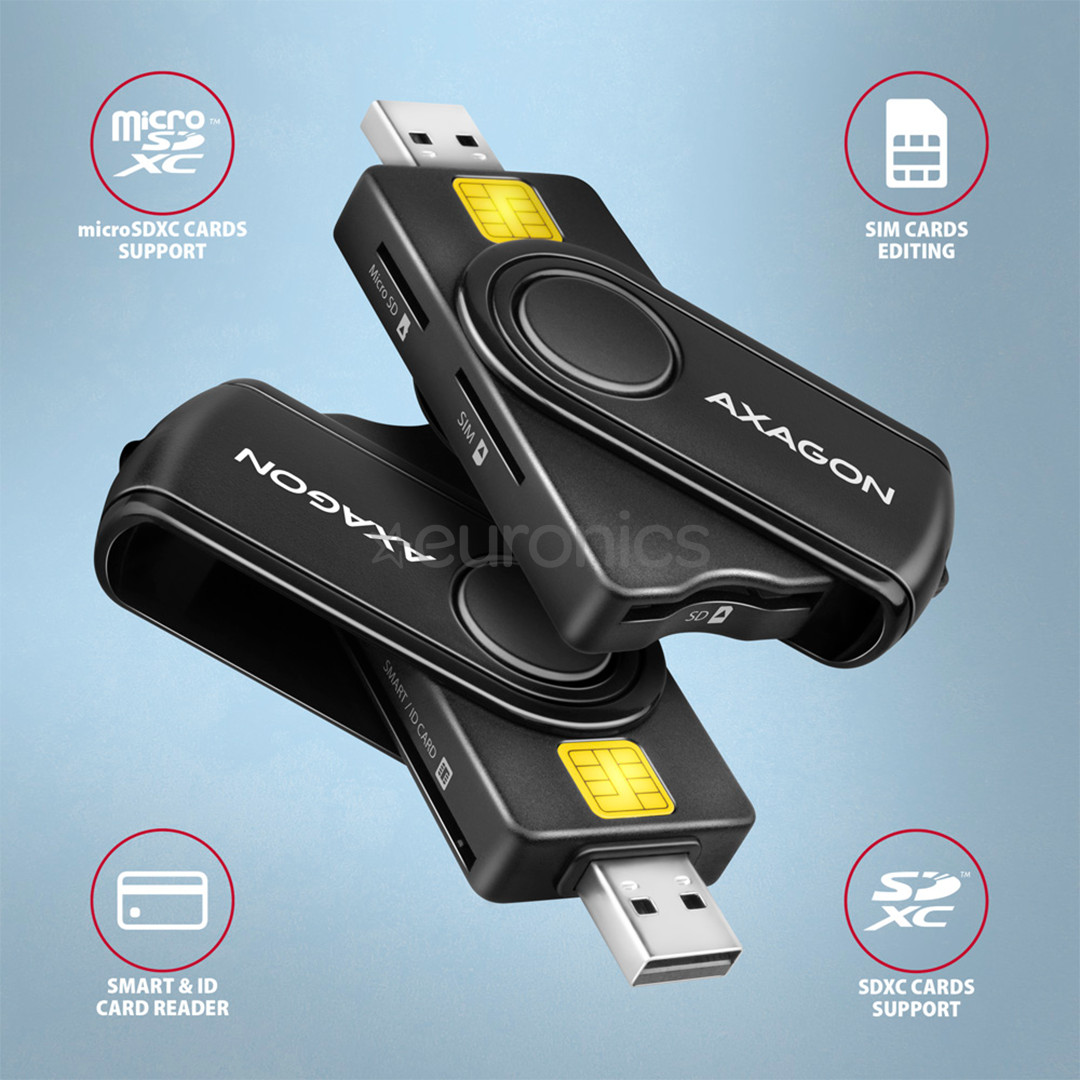 AXAGON CRE-SMP2A, USB-A, USB-C, считыватель карт памяти, черный - Считыватель ID-карты