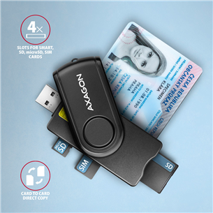 AXAGON CRE-SMP2A, USB-A, USB-C, atmiņas karšu lasītājs, melna - ID karšu lasītājs