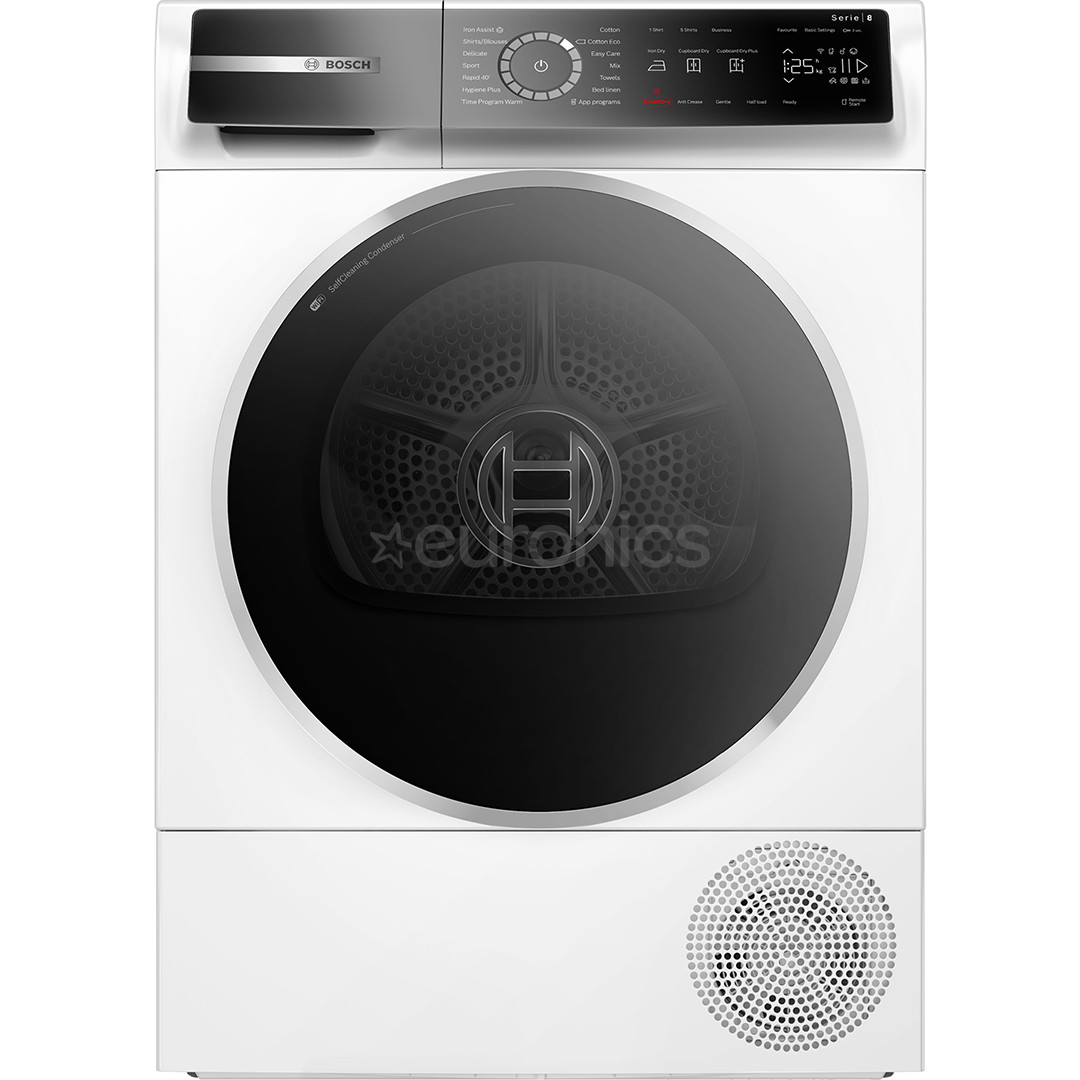 Bosch,Series 8, siltumsūkņa tehnoloģija, 9 kg, dziļums 61.3 cm, balta - Veļas žāvētājs