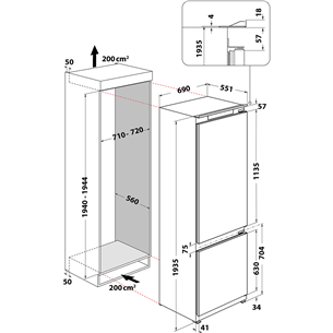 Whirlpool, NoFrost, 394 L, augstums 194 cm - Iebūvējams ledusskapis