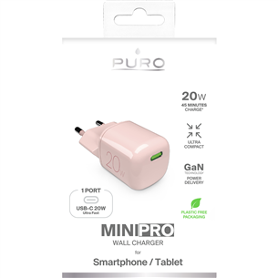 Puro MiniPro, USB-C, 20 W, rozā - Lādētājs
