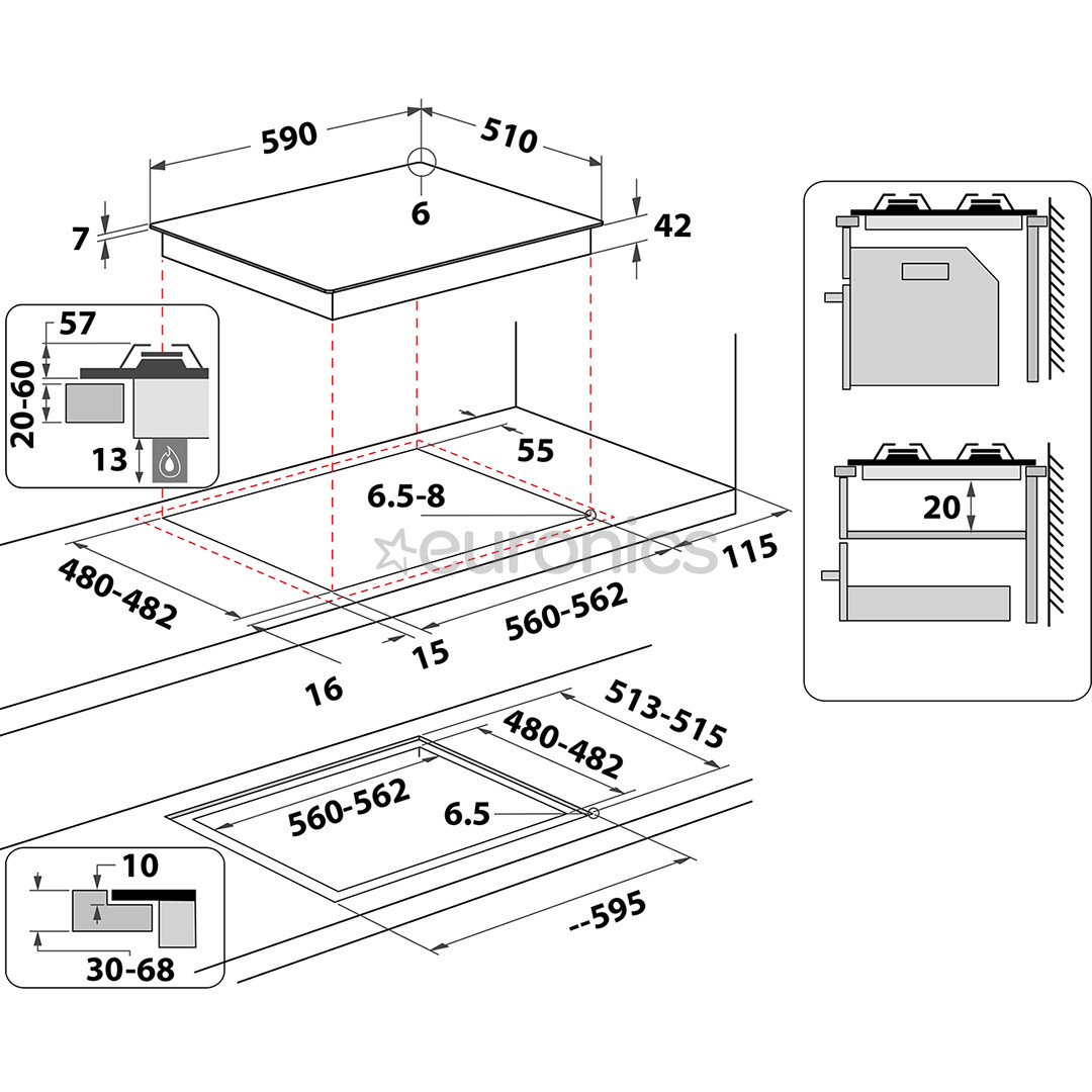 Whirlpool, width 59 cm, black - Built-in gas hob