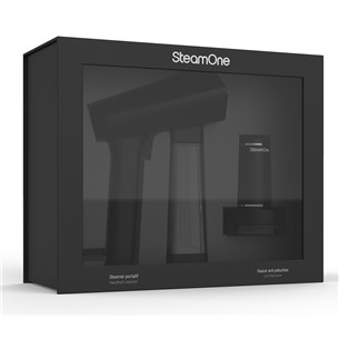 SteamOne, melna - Rokas apģērbu tvaicētājs + pūku noņēmējs