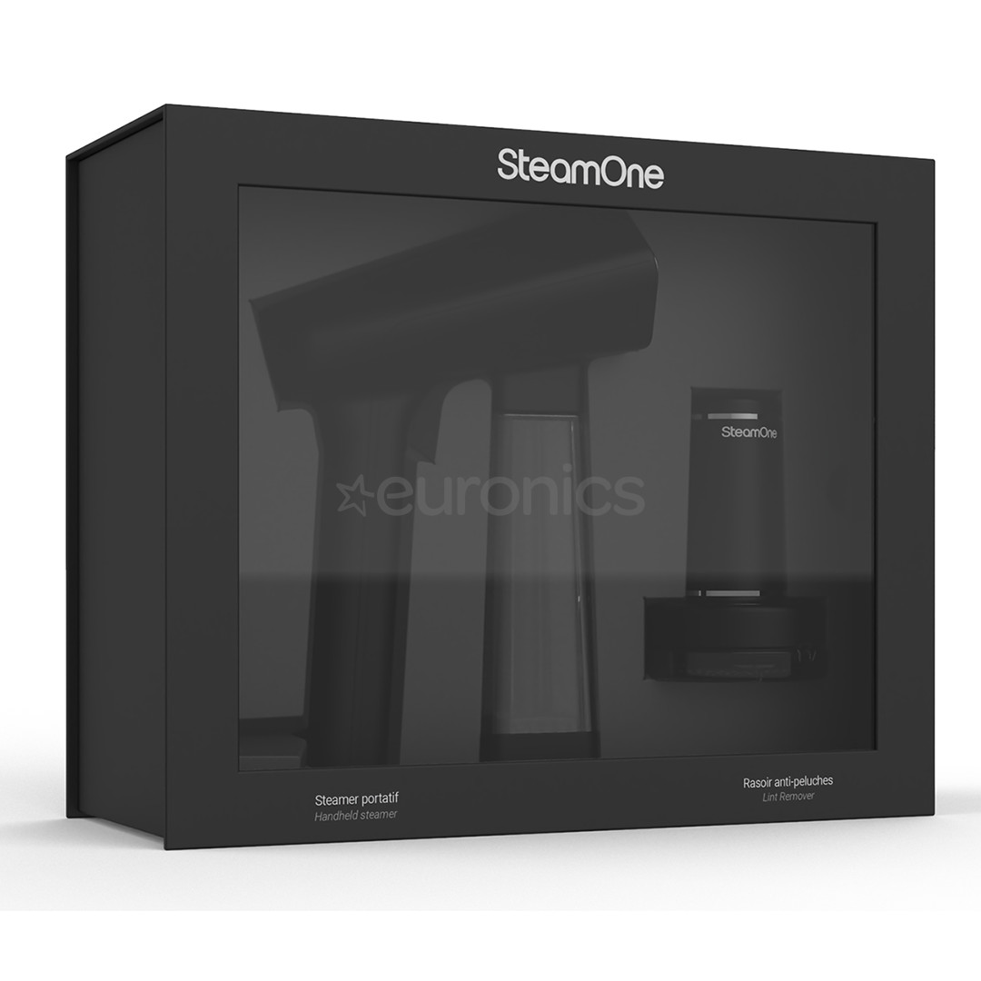 SteamOne, melna - Rokas apģērbu tvaicētājs + pūku noņēmējs