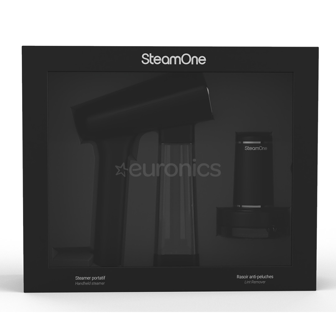 SteamOne, melna - Rokas apģērbu tvaicētājs + pūku noņēmējs
