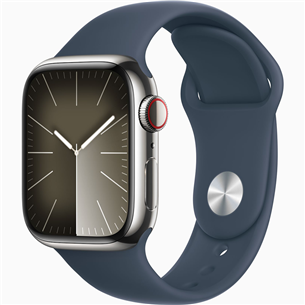 Apple Watch Series 9 GPS + Cellular, 41 mm, Sport Band, S/M, sudraba nerūsējošā tērauda/zila - Viedpulkstenis MRJ23ET/A