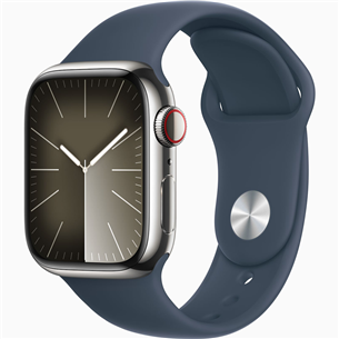 Apple Watch Series 9 GPS + Cellular, 41 mm, Sport Band, M/L, sudraba nerūsējošā tērauda/zila - Viedpulkstenis