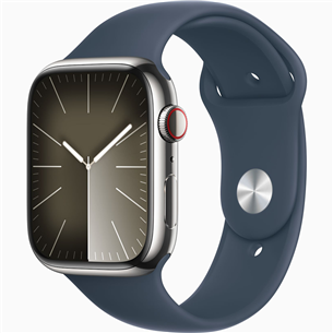 Apple Watch Series 9 GPS + Cellular, 45 mm, Sport Band, M/L, sudraba nerūsējošā tērauda/zila - Viedpulkstenis MRMP3ET/A