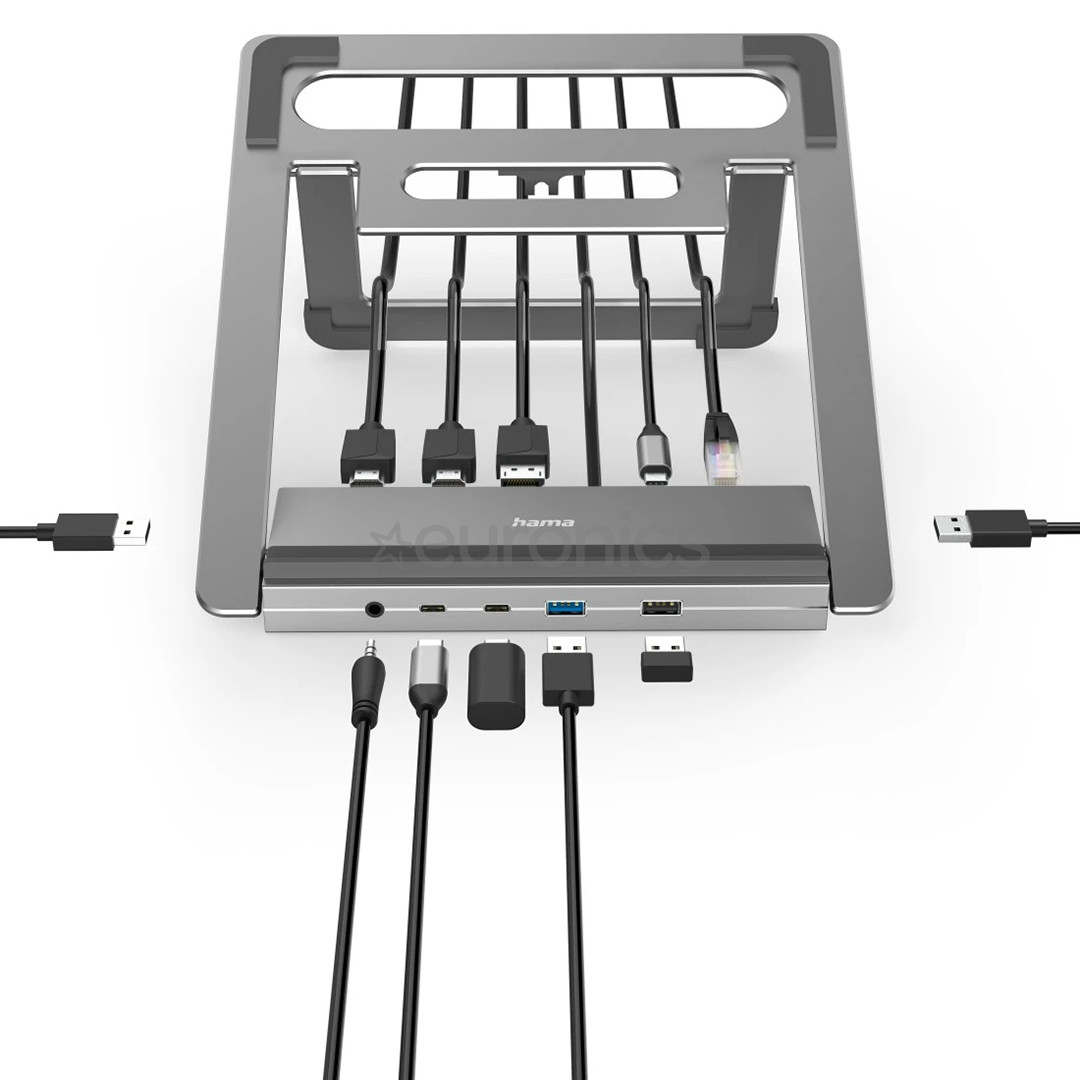 Hama Connect2Office Stand, USB-C dock, 12 портов, 100 Вт, серый - Док-станция для ноутбука / подставка