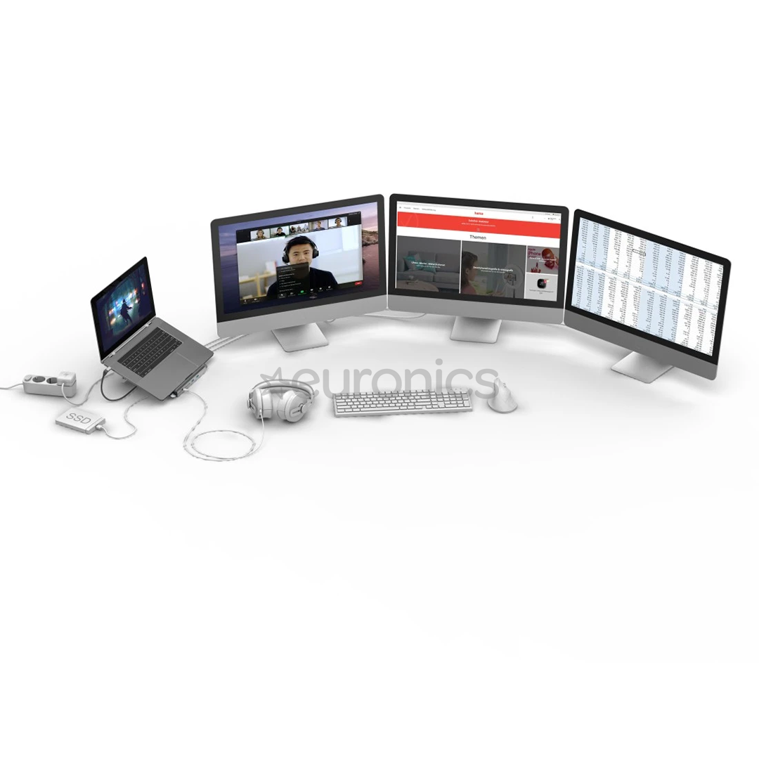 Hama Connect2Office Stand, USB-C dock, 12 porti, 2x HDMI, 100 W, pelēka - Portatīvā datora dokstacija