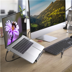 Hama Connect2Office Stand, USB-C dock, 12 porti, 2x HDMI, 100 W, pelēka - Portatīvā datora dokstacija