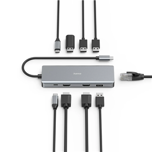 Hama CONNECT2Media, USB-C, 9 porti, 2x HDMI, 100 W, pelēka - Portatīvā datora dokstacija
