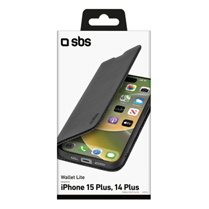 SBS Book Wallet Lite Case, iPhone 15 Plus, melna – Apvalks viedtālrunim