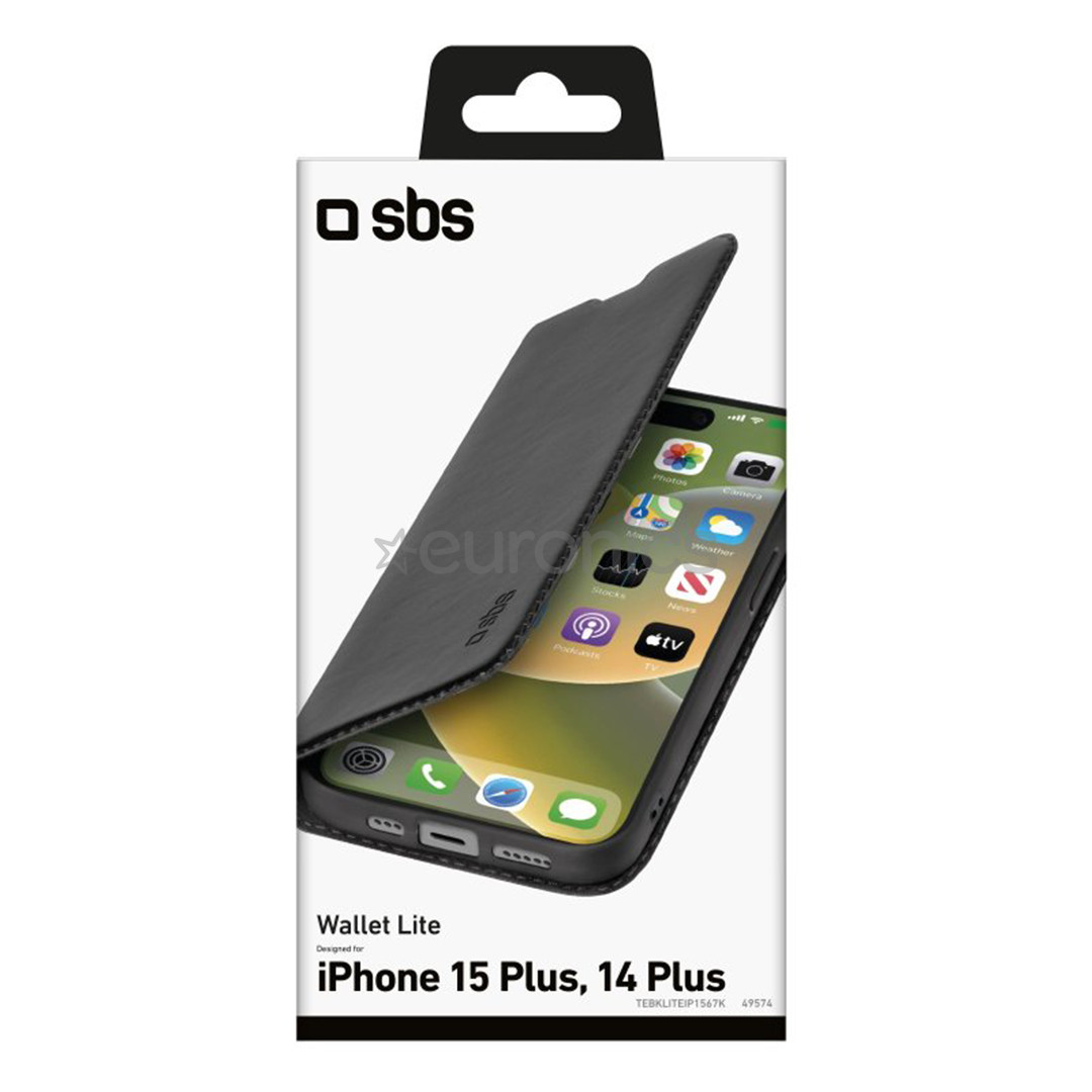 SBS Book Wallet Lite Case, iPhone 15 Plus, melna – Apvalks viedtālrunim