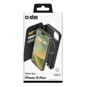 SBS Wallet Mag Case, iPhone 15 Plus, melna - Apvalks viedtālrunim