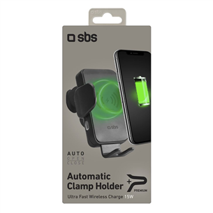 SBS Mobile Clamp, 15 Вт, черный - Автомобильный держатель для телефона / беспроводное зарядное устройство