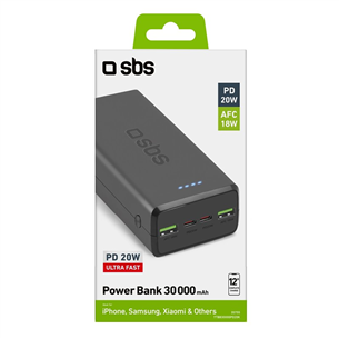SBS Ultra Fast, 30 000 mAh, USB-A, USB-C, melna - Portatīvais barošanas avots