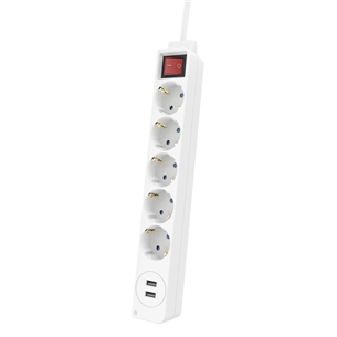 Hama Power Strip, 5-way, 2x USB-A, 17 W, 1.4 m, white - Power strip