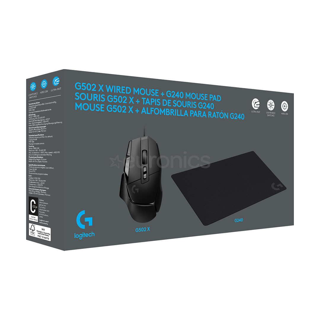 Logitech G502 X + G240, melna - Datorpele ar vadu un peles paliktnis