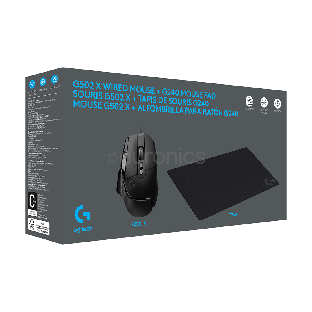 Logitech G502 X + G240, melna - Datorpele ar vadu un peles paliktnis