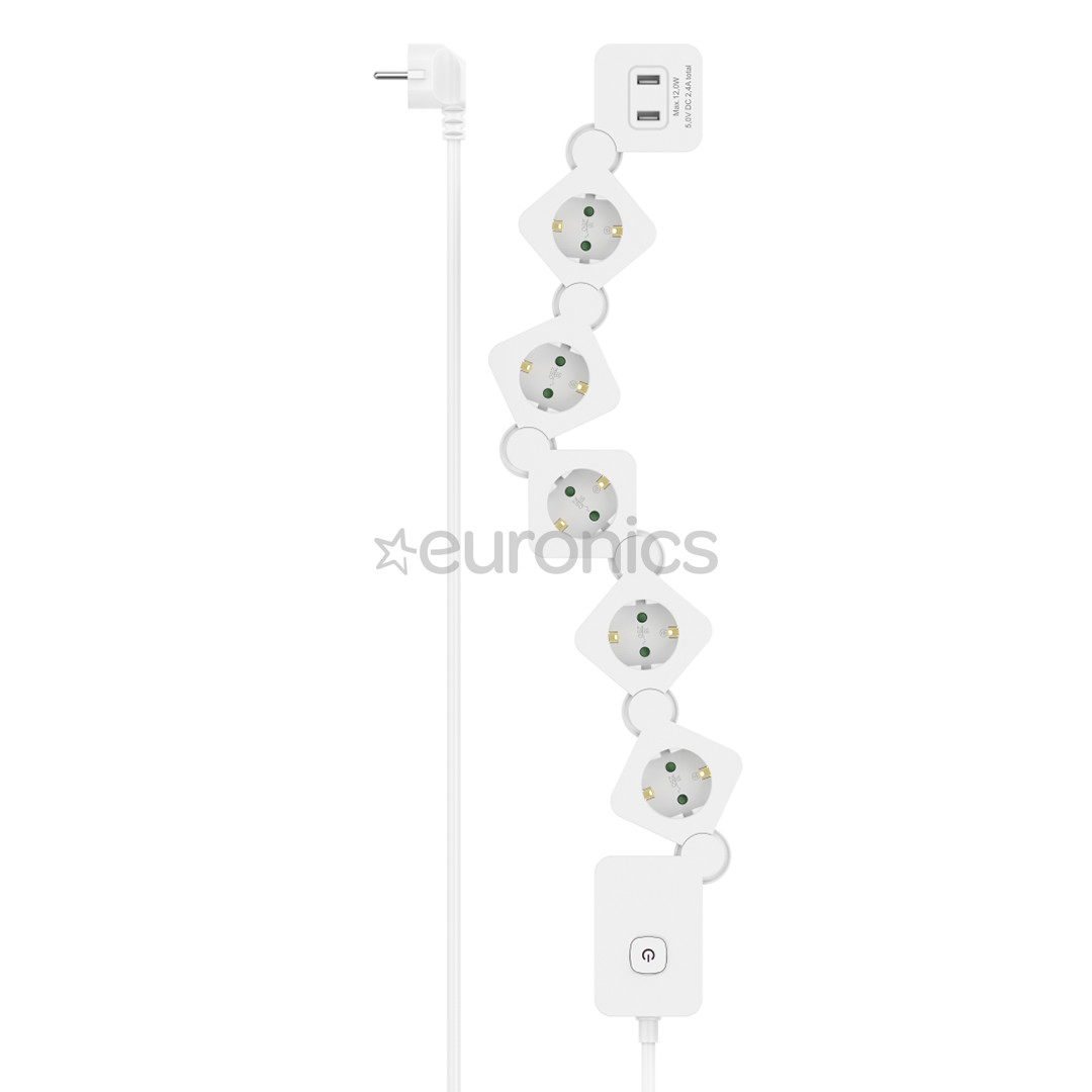 Hama Power Strip, 5 розеток, USB, 12 Вт, гибкий, 1,4 м, белый - Удлинитель