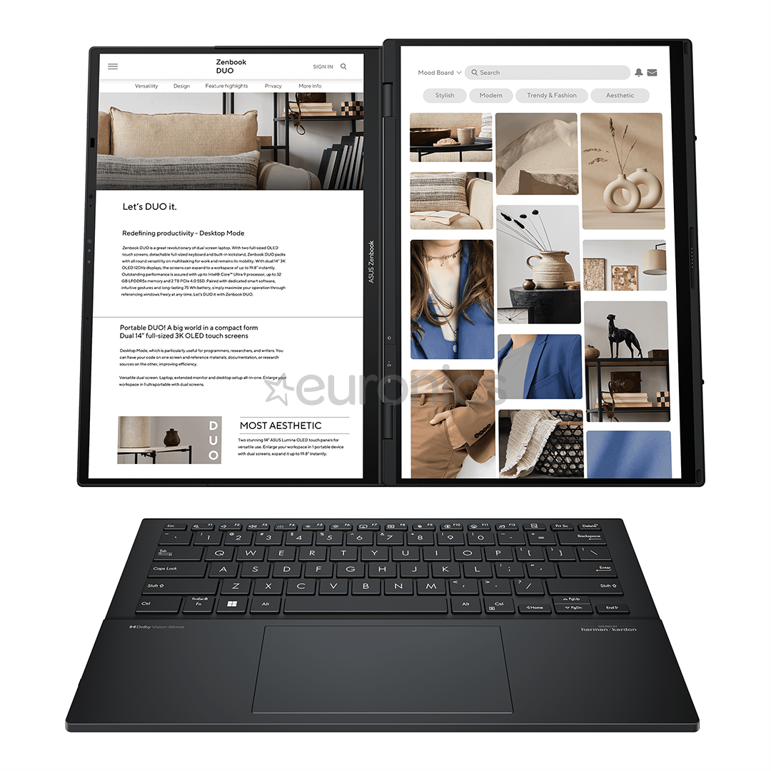 ASUS Zenbook DUO, 2x 14'', 3K, OLED, touch, 120 Hz, Ultra 9, 32 GB, 1 TB, W11P, ENG, inkwell gray - Notebook