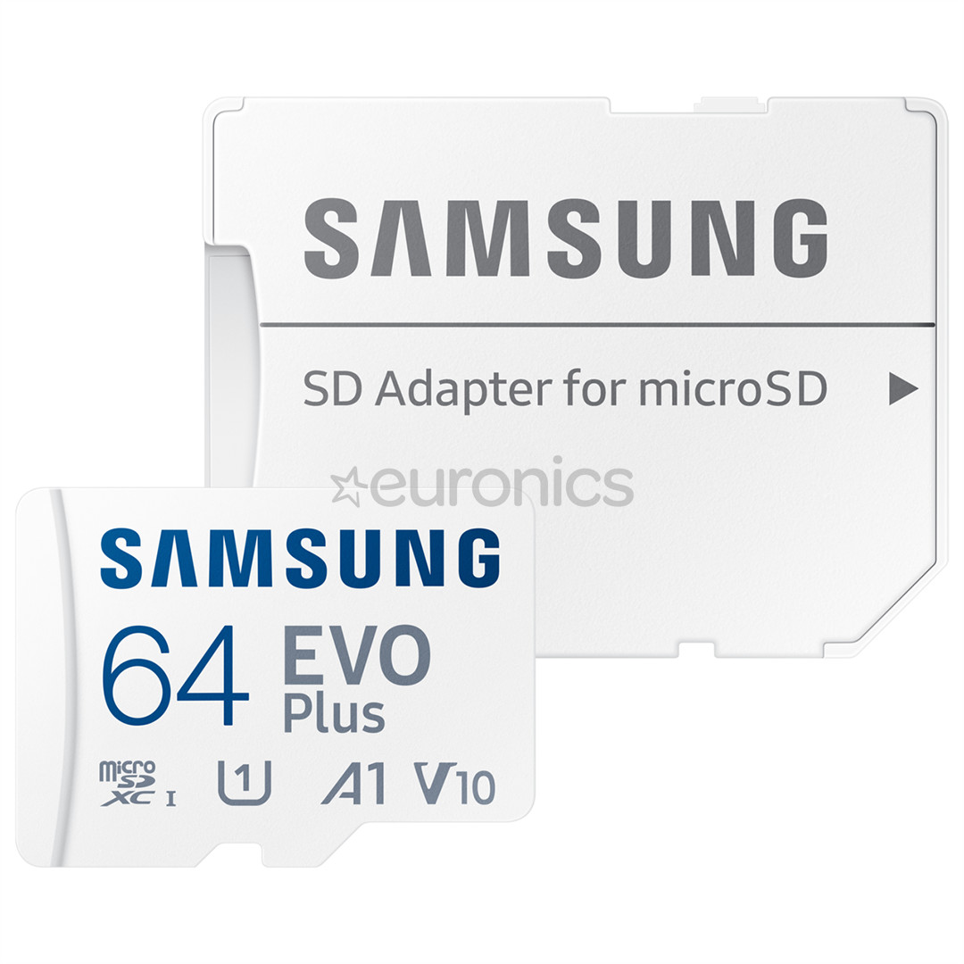 Samsung EVO Plus, microSDXC, 64 ГБ, белый - Карта памяти и адаптер