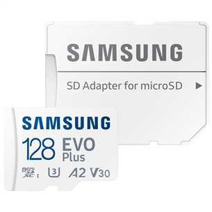 Samsung EVO Plus, microSDXC, 128 GB, adapteris, balta - Atmiņas karte MB-MC128SA/EU