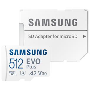 Samsung EVO Plus, microSDXC, 512 GB, adapteris, balta - Atmiņas karte MB-MC512SA/EU