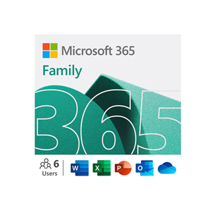 Microsoft 365 Family, 12 mēnešu abonements, 6 lietotāji / 5 ierīces, 1 TB OneDrive, ENG