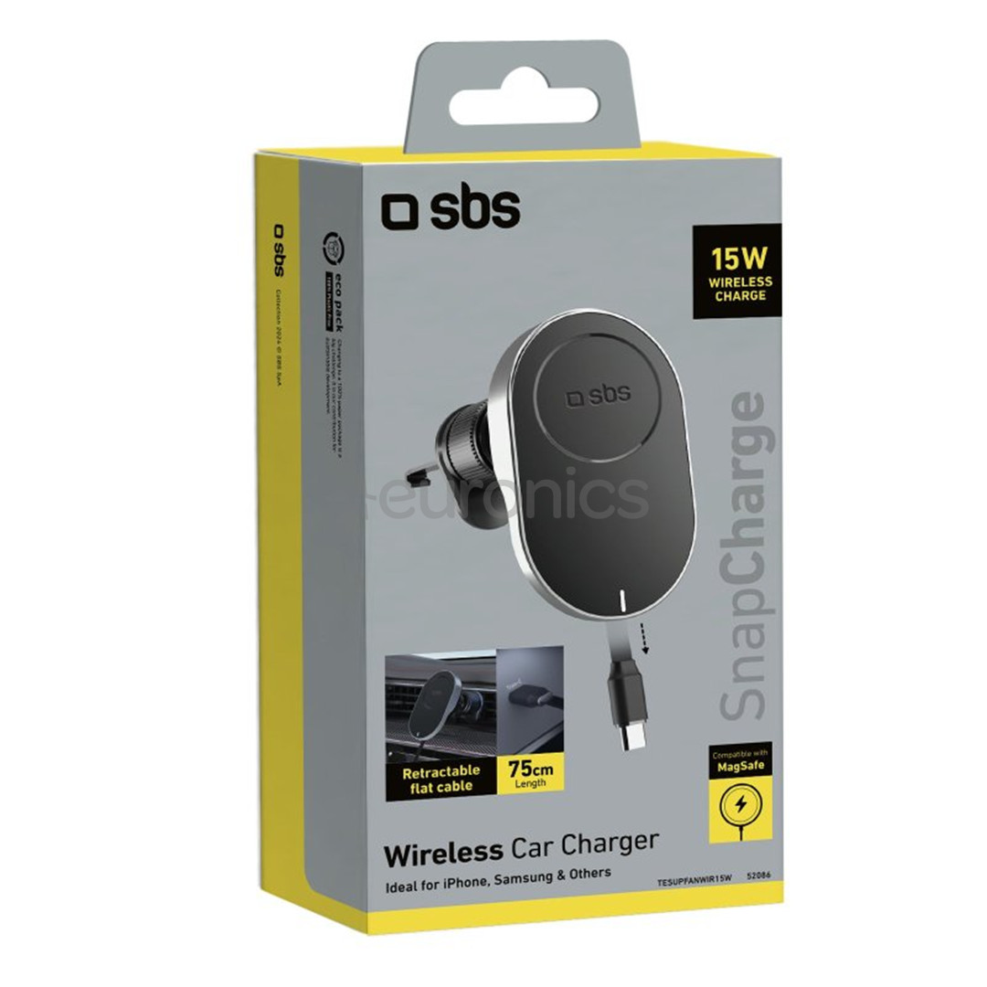 SBS 15W Car Holder, Magsafe, втягивающийся кабель, черный - Автомобильное беспроводное зарядное устройство