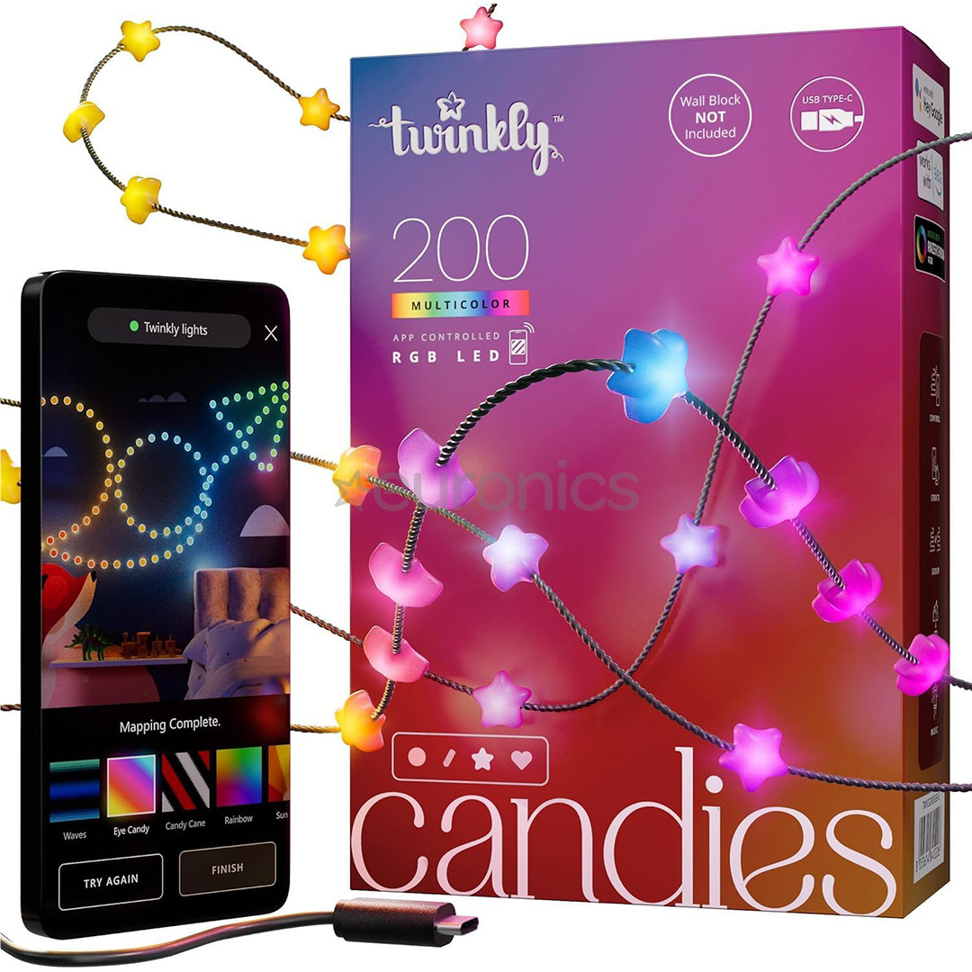 Twinkly Candies Stars, RGB, 200 LED, USB-C, 12 m, green wire - Smart Lights