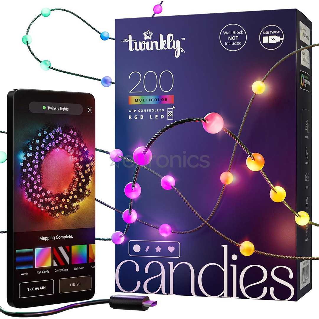 Twinkly Candies Pearls, RGB, 200 LED, USB-C, 12 m, green wire - Smart Lights