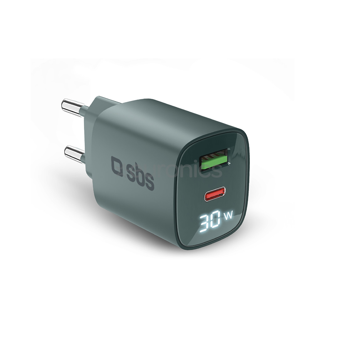 SBS LCD Wall Charger, USB-A, USB-C, LCD, 30 W, gaiši zila - Lādētājs