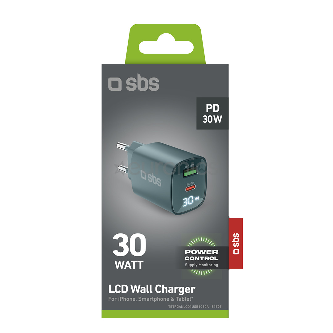 SBS LCD Wall Charger, USB-A, USB-C, LCD, 30 W, gaiši zila - Lādētājs