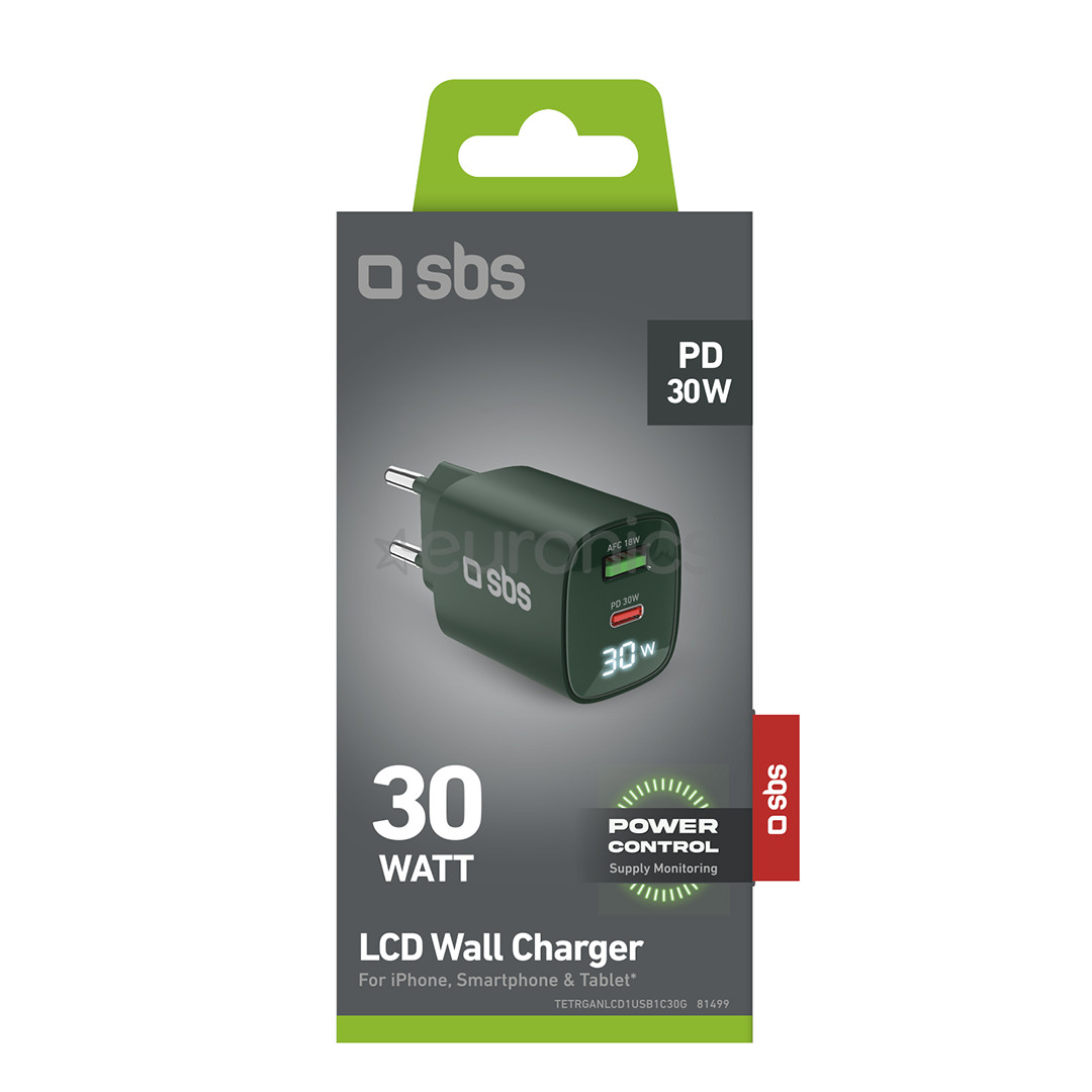 SBS LCD Wall Charger, USB-A, USB-C, LCD, 30 Вт, зеленый - Зарядное устройство