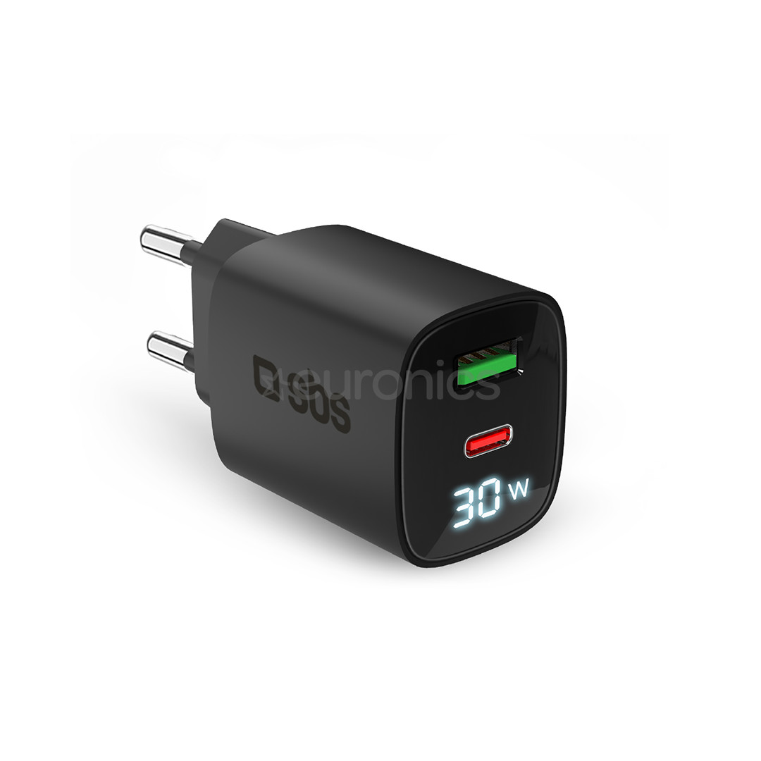 SBS LCD Wall Charger, USB-A, USB-C, LCD, 30 W, black - Wall charger