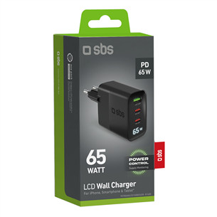 SBS LCD Wall Charger, USB-A, 2x USB-C, LCD, 65 W, melna - Lādētājs