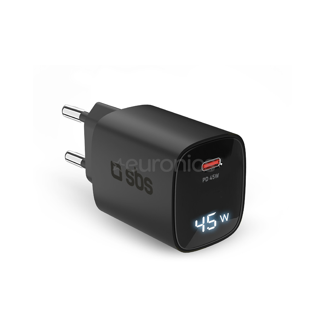 SBS LCD Wall Charger, USB-C, LCD, 45 W, melna - Lādētājs
