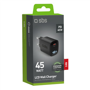 SBS LCD Wall Charger, USB-C, LCD, 45 W, melna - Lādētājs