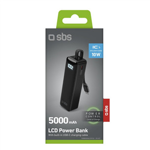 SBS LCD Power Bank, 5000 mAh, melna - Portatīvais barošanas avots