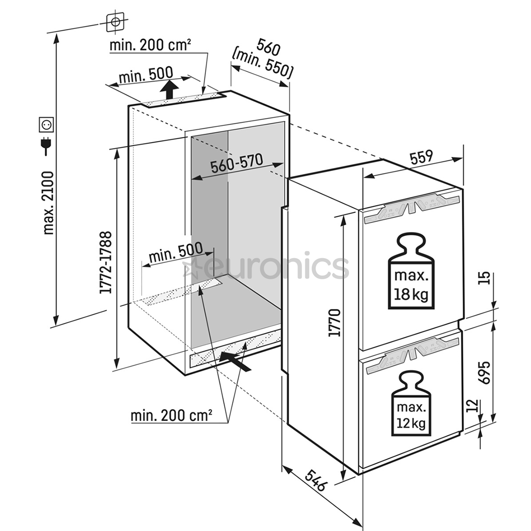 Liebherr, NoFrost, 253 л, высота 177 см - Интегрируемый холодильник